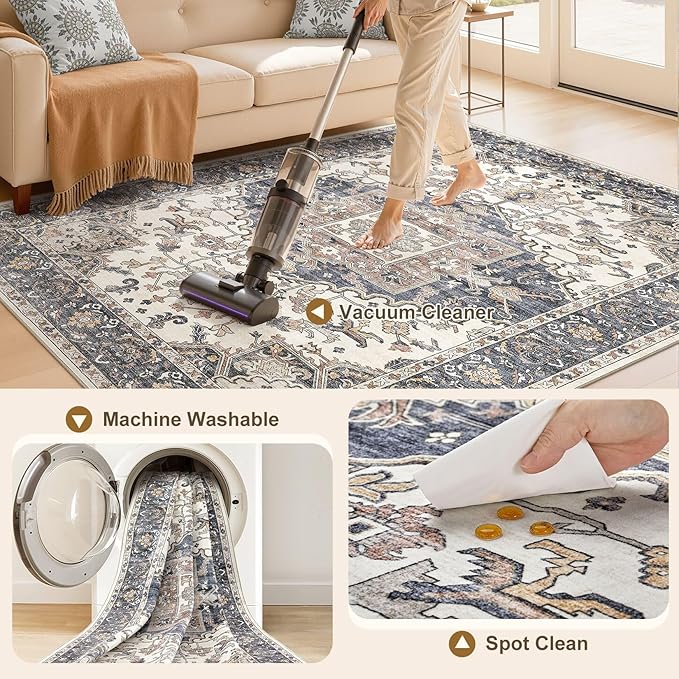 8ft Round Rug for Living Room: 8x8 Washable Vintage Blue Beige Area Rug, Large Non Slip Soft Stain Resistant Indoor Floor Carpet for Bedroom Dining Decor Home Office Kid & Pet Friendly