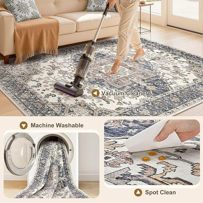8x11 Washable Area Rugs for Living Room: Non Slip Vintage Blue Beige Rug, Large Soft Stain Resistant Indoor Floor Carpets for Bedroom Dining Room Nursery Home Office Kid & Pet Friendly