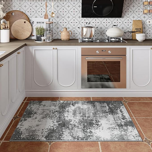 2x4 Washable Porch Rug Grey Welcome Door Mat Entrance 24x48, Small Runner Rugs for Kitchen Floor, Bath, Front Door, Bedroom Bedside, Non-Slip Low Pile Stain & Fade Resistant, Abstract Gray