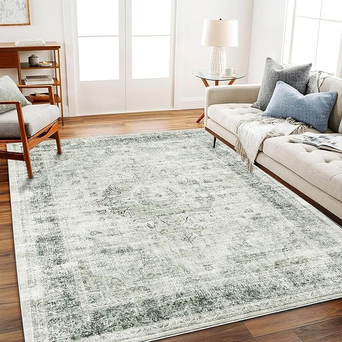CHAMPLANT Area Rug 6'x9' Washable Floral Green Vintage Traditional Floor Cover Thin Retro Kitchen Indoor Distressed Non Slip Carpet for Living Room Bedroom Dining Room