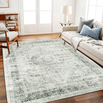 CHAMPLANT Area Rug 5'x7' Washable Rug Floral Green Vintage Traditional Floor Cover Thin Retro Kitchen Indoor Distressed Non Slip Carpet for Living Room Bedroom Dining Room