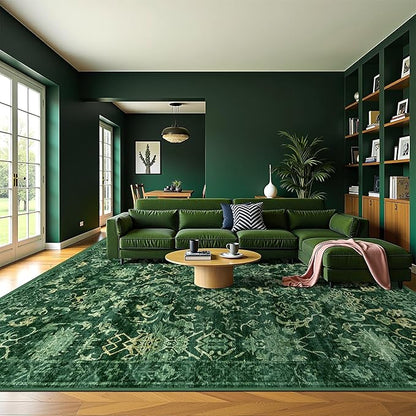 Deerly Dark Green Area Rugs 10x12 for Living Room Soft Non-Slip, Large Bedroom Rug Vintage Dining Room Rug Tribal Farmhouse Carpet for Dining Room Office Green
