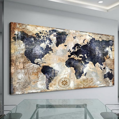Framed Vintage World Map Canvas Wall Art Navy Blue and Tan Rustic Distressed Style Large Horizontal Print for living Room Bedroom Dining Office Home Artwork Size 36 x 70 in