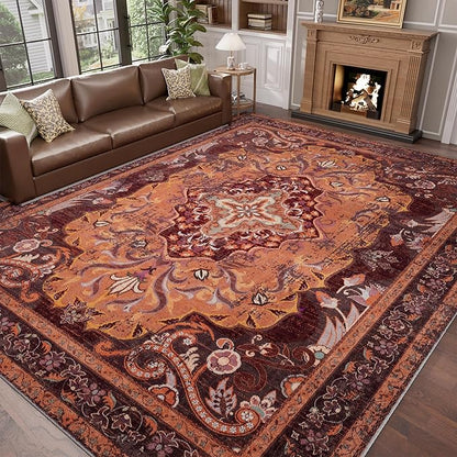 RUSHUFFY 8x10 Washable Rug for Living Room, Non-Slip Large Boho Vintage Print Pattern Carpet for Bedroom Dorm Dining Room Farmhouse Nursery Home Office, Orange & Red