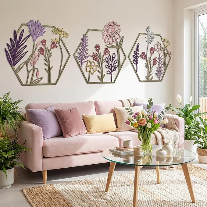 Peryiter 3 Pcs Metal Flower Wall Decor Minimalist Floral Wall Hanging Decor Metal Flower Rustic Floral Art for Spring Living Room Bathroom Kitchen Indoor Outdoor(Colorful)