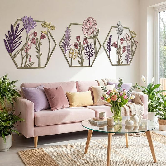 Peryiter 3 Pcs Metal Flower Wall Decor Minimalist Floral Wall Hanging Decor Metal Flower Rustic Floral Art for Spring Living Room Bathroom Kitchen Indoor Outdoor(Colorful)