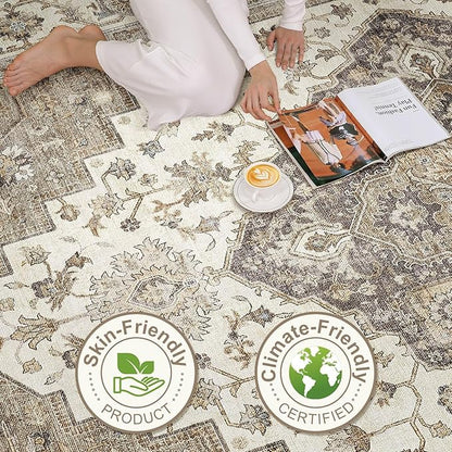 6x9 Area Rugs Living Room: Washable Boho Large Neutral Vintage Soft Rug Stain Resistant Farmhouse Non-Slip Indoor Floor Carpet for Bedroom Nursery Kids Playroom Office Dining Room Home- Brown Beige
