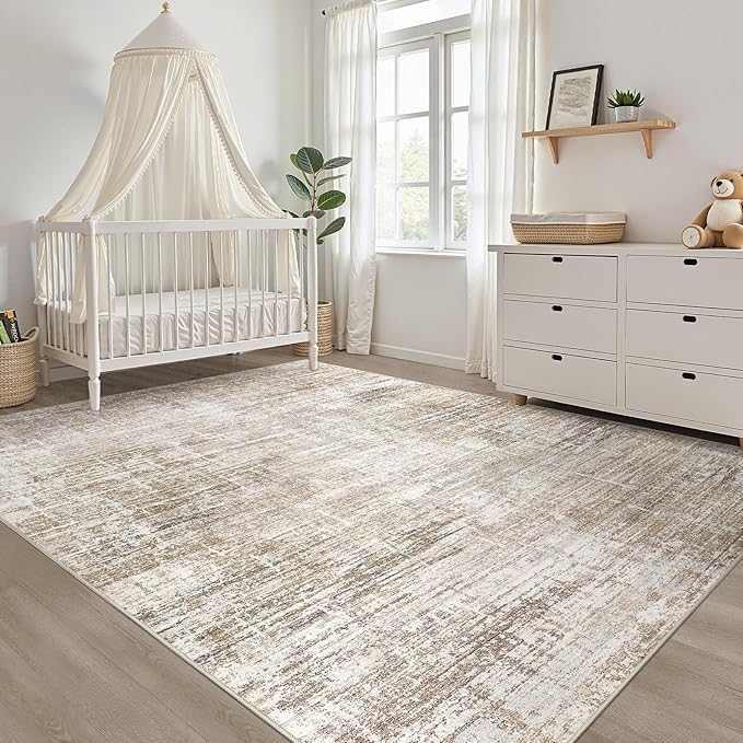 8x10 Area Rugs Living Room: Washable Large Neutral Rug Abstract Soft Modern Stain Resistant Indoor Floor Non-Slip Carpet for Bedroom Nursery Kids Office Playroom Dining Room Under Table- Dark Brown