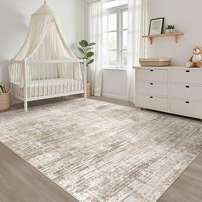 10x14 Area Rugs Living Room: Washable Large Neutral Rug Abstract Soft Modern Stain Resistant Indoor Floor Non-Slip Carpet for Bedroom Nursery Kids Office Playroom Dining Room Under Table- Dark Brown