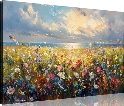 TutuBeer 1 Pcs Wildflower Field Artwork Rustic Wildflower Field at Beach Vintage Wall Art Canvas Prints Wild Flower Wall Art Rustic Style Kitchen Office Farmhouse Bathroom Decor 30x40inch
