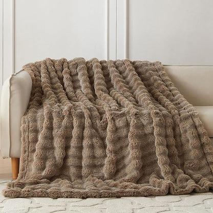 COOVA Faux Fur Throw Blanket for Couch, Cozy Soft and Fuzzy Plush Rabbit Fur Bubble Blanket for Sofa Bedroom Living Room, 50x60 Inches Cationic Brown