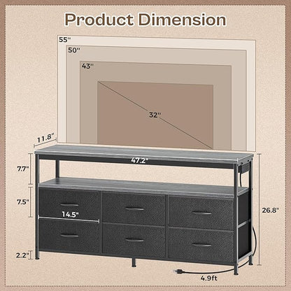 Huuger LED TV Stand for Bedroom, 47 Inch Dresser TV Stand for 43, 50, 55 Inch TV, Grey Black TV Stand with Storage, Entertainment Center with Power Outlets, 6 Drawer Fabric Dresser for Living Room