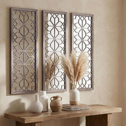 Set of 2 16x41.5 Inch Large Carved Floral Wood Frame Wall Mirrors, Shatterproof Boho Farmhouse Rustic Accent Mirrors for Living Room, Bedroom, Bathroom, Entryway & Home Wall Decor （Brown）