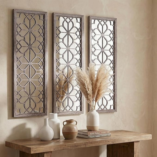Set of 2 16x41.5 Inch Large Carved Floral Wood Frame Wall Mirrors, Shatterproof Boho Farmhouse Rustic Accent Mirrors for Living Room, Bedroom, Bathroom, Entryway & Home Wall Decor （Brown）