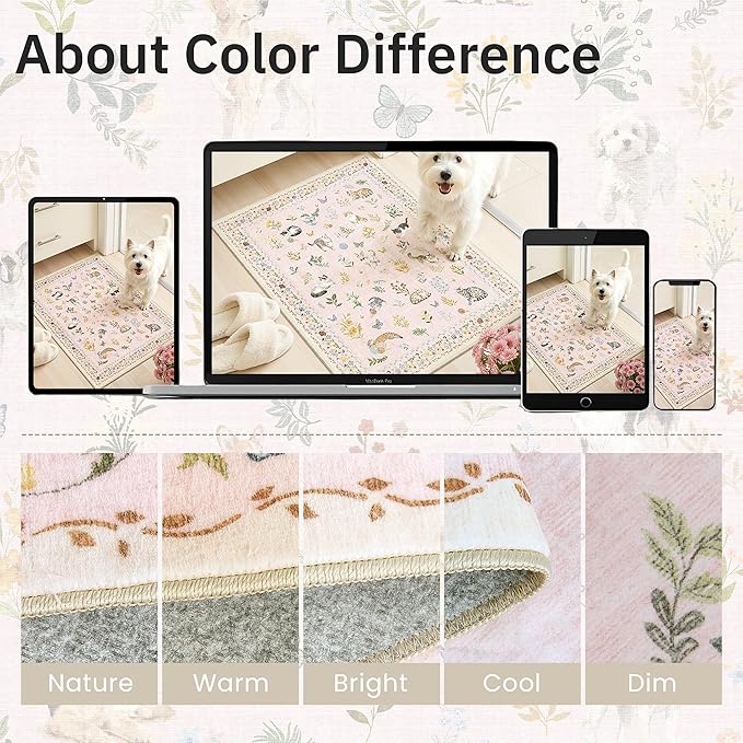 Soalmost Dog 8x10 Pink Area Rugs for Baby Girl Nursery, Washable Animal Floral Vintage Rug Non-Slip Low Pile Soft Throw Rugs for Living Room Dining Room Bedroom Playroom Classroom (8 x 10,Pink)