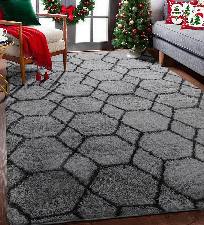 ONASAR Area Rugs for Bedroom Living Room, Fluffy 4x6 Grey and Black Bedside Rug for Nursery Kids Teen Dorm, Soft Shaggy Geometric Plush Fuzzy Indoor Floor Carpet for Home Decor Aesthetic