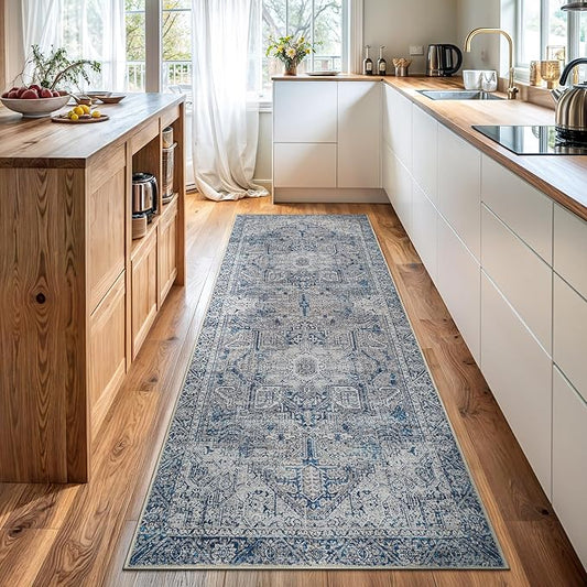 Bloom Rugs Washable Non-Slip 12 ft Runner - Blue/Gray Traditional Runner for Entryway, Hallway, Bathroom, and Kitchen - Exact Size: 2.5' x 12'