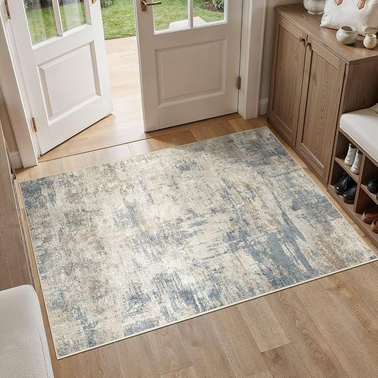 cotiled 3x5 Area Rugs for Living Room - Washable Neutral Abstract Carpet Non Slip Soft Rug for Bedroom & Dining Table, Robot Vacuum & Pet Friendly Floor Decor Grey Light Blue