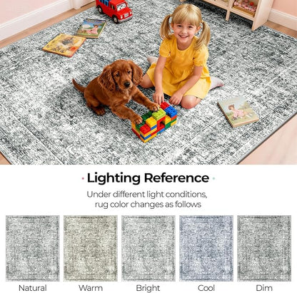CAPALOCA Machine Washable Rugs Nursery Rug 3x5 Cute Girl Non Slip Low Pile Water Repellent Soft Print Pattern for Bedroom Indoor Decor Kids Playroom Grey