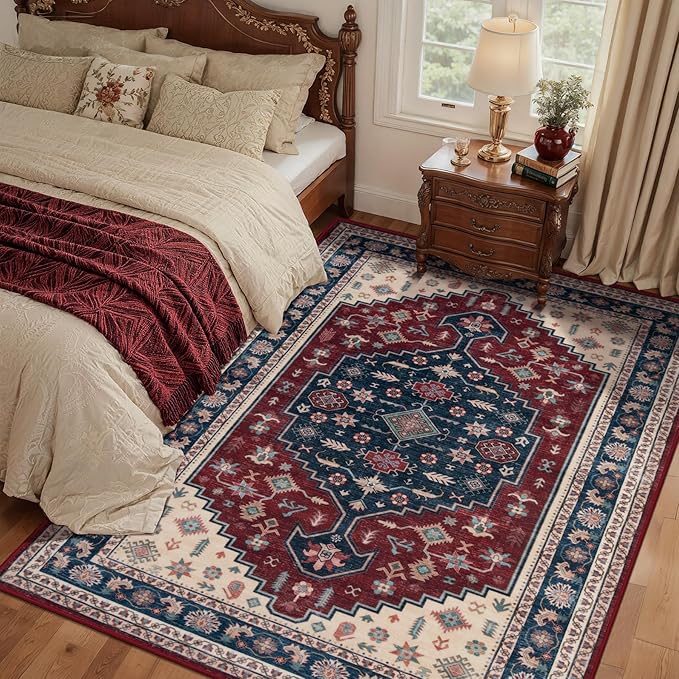 Tangsoo 3x5 Rug for Bedroom,Vintage Ultra Soft Washable Area Rug,Boho Floral Carpet Low Pile Indoor Mat for Front Porch Living Room Patio Entryway Mudroom,Burgundy Blue