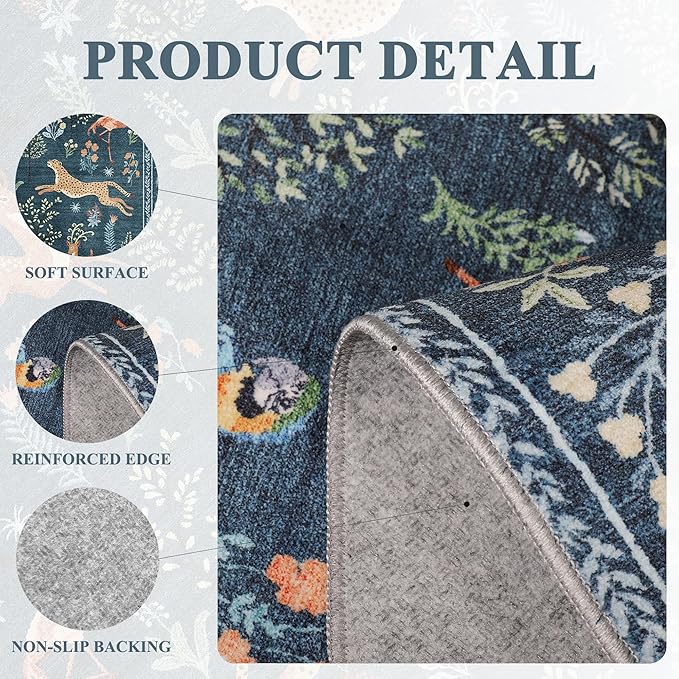 DUKINO 4x6 Rug, Washable Animal Area Rug with Non Slip Vintage Design, Indoor Soft Low Pile Carpet for Bedroom, Nursery, Dining Room, Farmhouse, Playroom, Blue