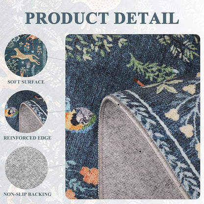 DUKINO 5x7 Rug, Washable Animal Living Room Rug with Non Slip Vintage Design, Soft Low Pile Large Carpet for Bedroom, Nursery, Dining Room, Farmhouse, Playroom, Blue