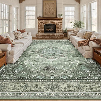 RELEANY Area Rugs 10'x14' Washable Non-Slip, Floral Vintage Distress Print Pattern Medallion Carpet for Living Room Bedroom Dining Room, Dark Green Gray