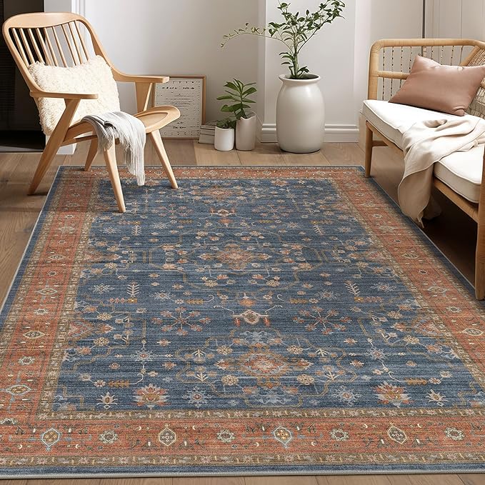 7x9 Area Rug for Living Room- Machine Washable Soft Oriental Vintage Large Indoor Floor Carpet for Bedroom Under Dining Table Home Office Decor - Blue Terracotta