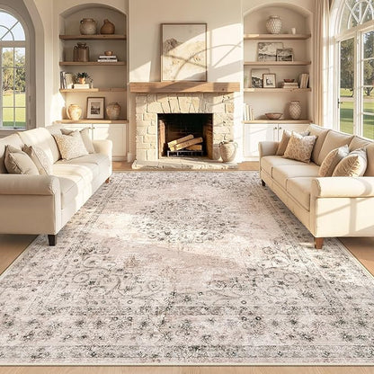 Area Rug 8x10 Vintage Rug: Large Washable Indoor Medallion Rugs Low Pile Distressed Floor Carpet Retro Accent Rug for Living Room Bedroom Kitchen Dining Table Home Office(Distressed Brown, 8'x10')