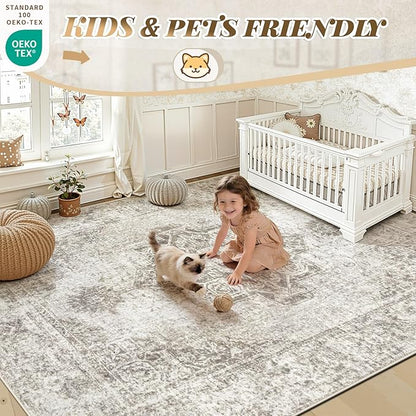 5x7 Area Rugs for Living Room, Washable Vintage Boho Medallion Rug Non Slip Low Pile Floor Carpet for Bedroom Nursery Dining Room (Taupe, 5'x7')