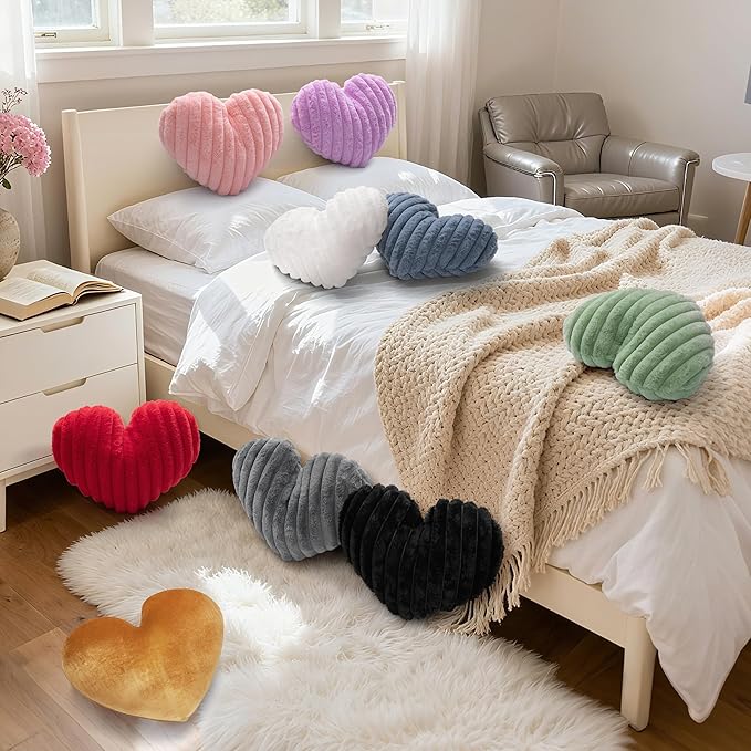 16 Inch Heart Pillow Cute Soft Decorative Throw Pillows, Heart Shaped Fluffy Faux Fur Pillows Cushions for Couch Sofa Bed Bedroom Room Home Decor Aesthetic (2, Green, Medium-16 x13)