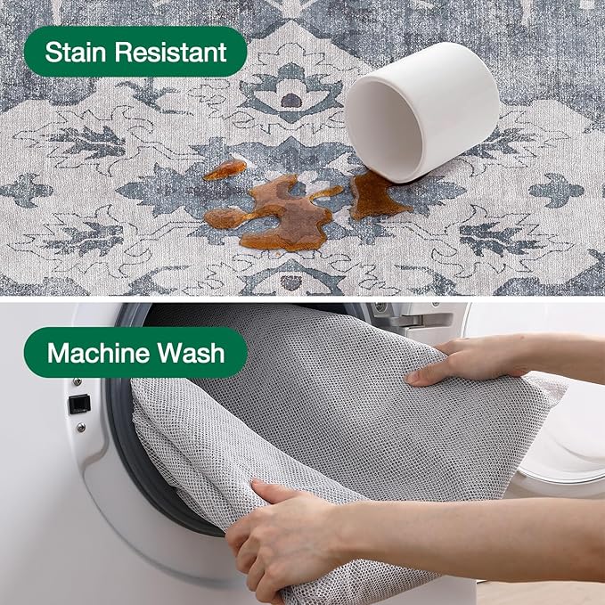 LUMI 8x12 Washable Area Rug for Living Room, Ultra Soft Stain Resistant Carpet with Non Slip Rubber Backing, Non-Shedding Low Pile Rugs for Bedroom, Dining Room, Indoor, Office