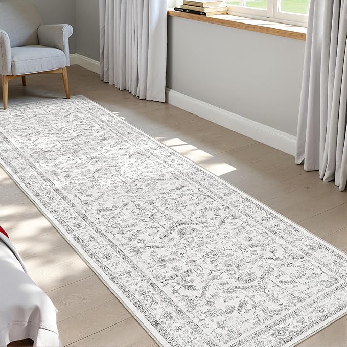 PureCozy Grey 2x6 Runner Rug Vintage Area Carpet Hallway Indoor Kitchen Washable Low Pile Traditional Distressed Retro Accent Throw Rug Non Slip for Laundry Bathroom Office