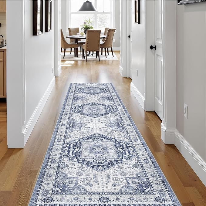 2x8 Washable Hallway Runner Rug - Kitchen Rugs with Non Slip Backing Vintage Soft Farmhouse Entryway Mat for Living Room Laundry Bedroom Bathroom Navy/Blue