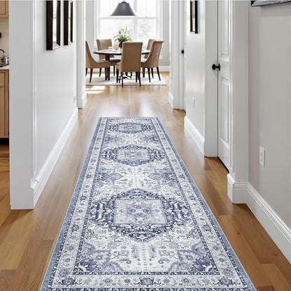 2x8 Washable Hallway Runner Rug - Kitchen Rugs with Non Slip Backing Vintage Soft Farmhouse Entryway Mat for Living Room Laundry Bedroom Bathroom Navy/Blue