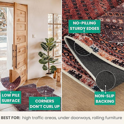 Bloom Rugs Washable Non-Slip 12 ft Runner - Red/Multicolor Traditional Bordered Runner for Entryway, Hallway, Bathroom, and Kitchen - Exact Size: 2.5' x 12'