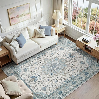 RELEANY Area Rugs 5'x7' Washable Non-Slip, Floral Vintage Distress Print Pattern Medallion Carpet for Living Room Bedroom Dining Room, Light Blue Navy Beige Gray White