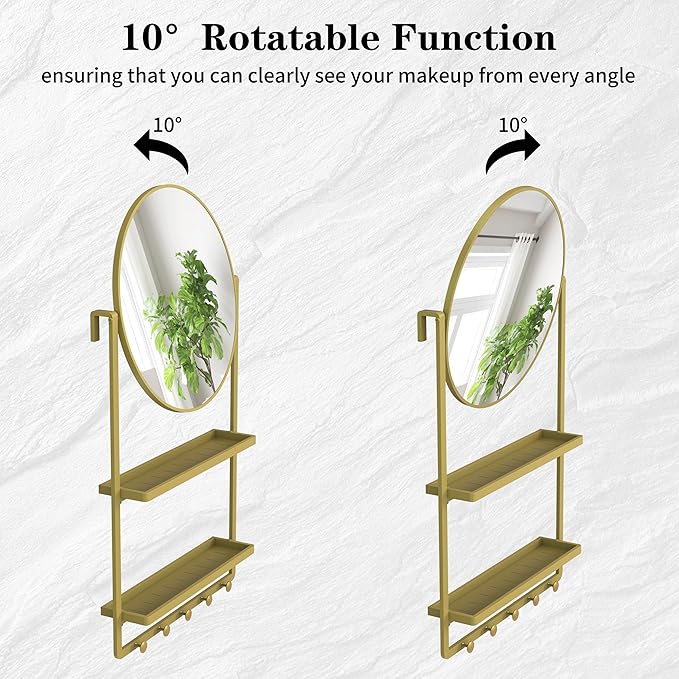 39.5" × 21.7" Gold Round Wall Mirror with Shelf and Hooks, 10° Adjustable Tilt Metal Frame Bathroom Mirror with Shelf for Bedroom, Entryway, Living Room