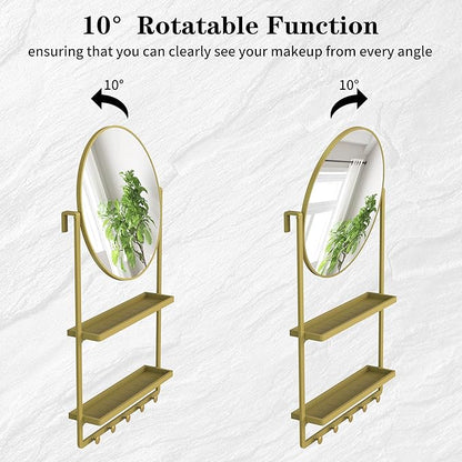 39.5" × 21.7" Gold Round Wall Mirror with Shelf and Hooks, 10° Adjustable Tilt Metal Frame Bathroom Mirror with Shelf for Bedroom, Entryway, Living Room
