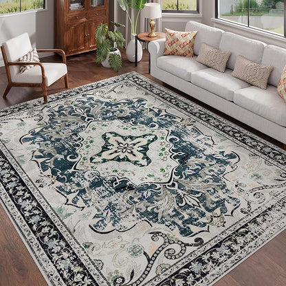 RUSHUFFY 5x7 Washable Area Rugs for Bedroom, Vintage Boho Distressed Print Pattern Rugs for Living Room, Soft Non-Slip Carpet for Indoor Dining Room Nursery Farmhouse Girls Room, Slate Blue & Beige