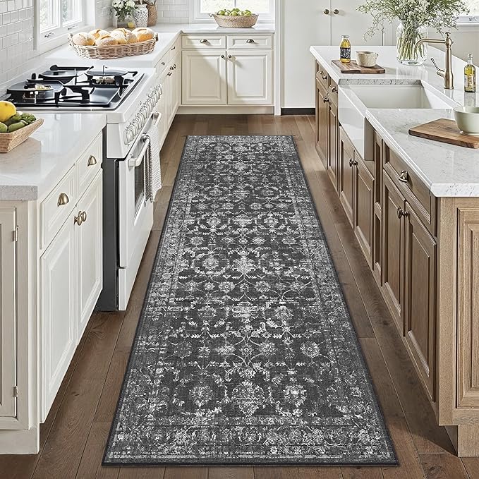 3x8 Black Runner Rug Hallway Washable Area Rugs Kitchen Vintage Boho Non Slip Long Rug Floral Carpet Indoor Retro Soft Low Pile Throw Rug for Bedroom Bathroom Laundry Dining Living Room Office