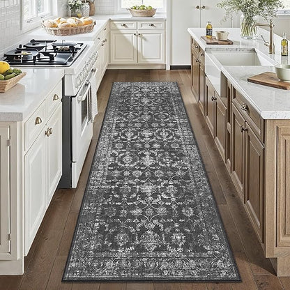 3x8 Black Runner Rug Hallway Washable Area Rugs Kitchen Vintage Boho Non Slip Long Rug Floral Carpet Indoor Retro Soft Low Pile Throw Rug for Bedroom Bathroom Laundry Dining Living Room Office