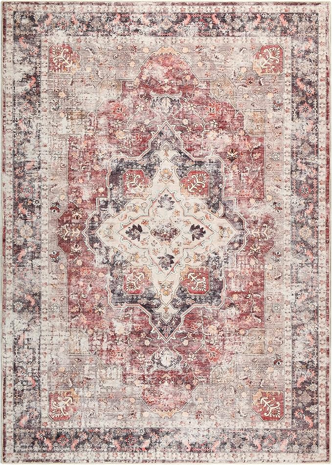 YOH Boho Washable Rug 6x9, Rust Red Vintage Non Slip Area Rug, Distressed Indoor Carpet for Living Room Bedroom Kitchen Office