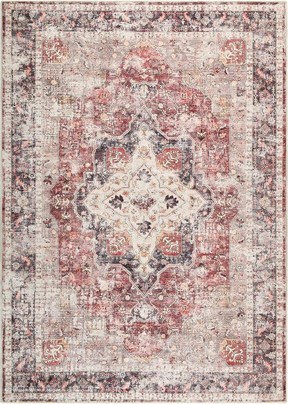 YOH Boho Washable Rug 4x6, Rust Red Vintage Non Slip Area Rug, Distressed Indoor Carpet for Living Room Bedroom Kitchen Office