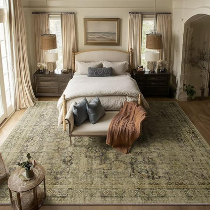 Washable 8x10 Area Rugs for Living Room, Boho Non-Slip Vintage Distress Large Rugs for Bedroom Dining Room Nursery Office, 0.3" Neutral Oriental Throw Thin Carpet, Moss/Yellow/Multi, C3