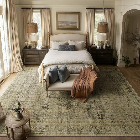 Washable 8x10 Area Rugs for Living Room, Boho Non-Slip Vintage Distress Large Rugs for Bedroom Dining Room Nursery Office, 0.3" Neutral Oriental Throw Thin Carpet, Moss/Yellow/Multi, C3