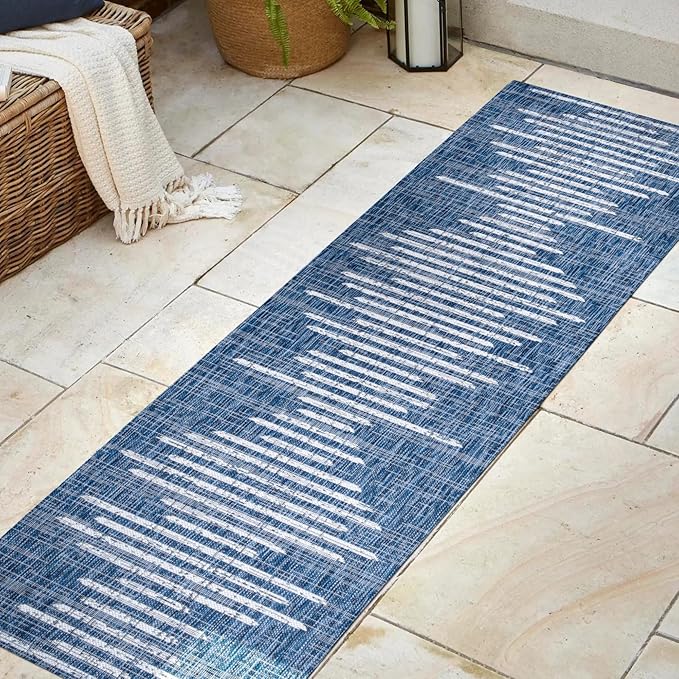 JONATHAN Y Stripe Geometric Indoor Outdoor Runner Rug 2X10 Blue/Ivory, Zolak Berber for Backyard, Patio, Porch, Easy-Cleaning, High Traffic, Pet-Friendly, Non-Shedding (SMB124C-210)