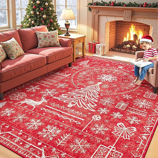 Christmas Area Rug for Living Room 6x9: Large Washable Xmas Rugs Boho Moroccan Holiday Rug Soft Non Slip Carpet for Bedroom Dining Table Home(Xmas Red, 6'X9')