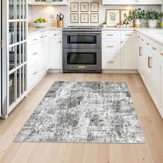 4x4 Square Entryway Rug Washable – Non-Slip Small Area Rug for Kitchen or Bathroom, Soft Low-Pile Indoor Mat, Modern Abstract Thin Door Carpet (Grey)