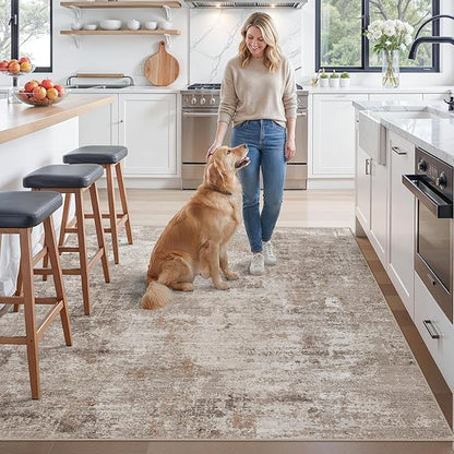 ZHXXUJ Washable 6x6 Square Area Rug – Non Slip Modern Abstract for Kitchen Dining Room Living Room – Low Pile Thin Soft Indoor Rug (Beige Grey)